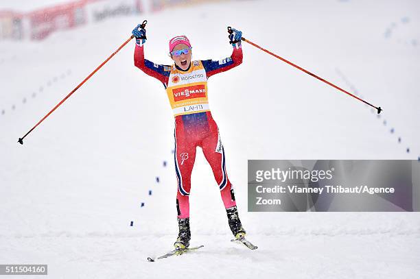 Therese Johaug of Norway takes 1st place during the FIS Nordic World Cup Men's and Women's Cross Country Skiathlon on February 21, 2016 in Lahti,...