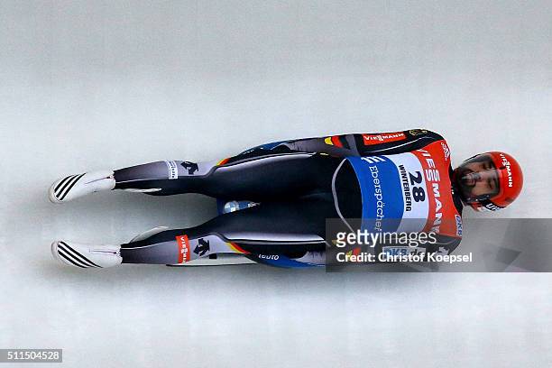 Andi Langenhan of Germany competes during heat one of the Men's event of the Viessmann Luge World Cup Day 2 at Veltins Eis-Arena on February 20, 2016...