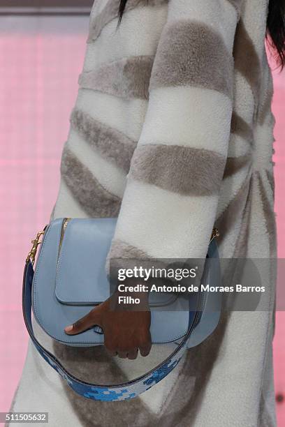 Model walks the runway, detail, at the Anya Hindmarch show during London Fashion Week Autumn/Winter 2016/17 at The Lindley Hall on February 21, 2016...
