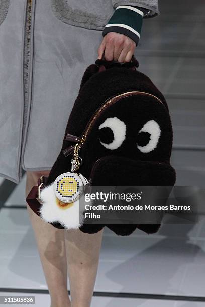 Model walks the runway, detail, at the Anya Hindmarch show during London Fashion Week Autumn/Winter 2016/17 at The Lindley Hall on February 21, 2016...