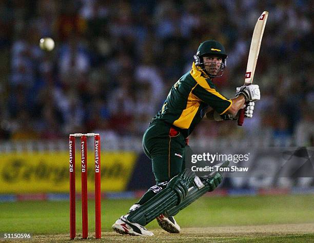 Brad Hodge of Leicestershire hits out during the Surrey v Leicestershire Twenty20 cup Final match at Edgbaston Cricket Ground, on August 7, 2004 in...