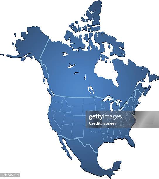 ilustraciones, imágenes clip art, dibujos animados e iconos de stock de mapa de américa del norte, azul - américa del norte