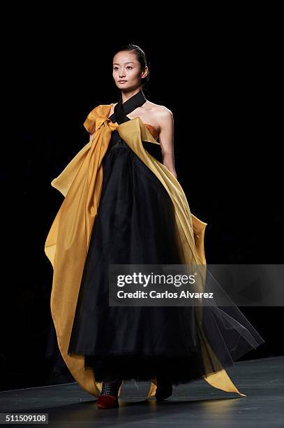 Model walks the runway at the Ulises Merida show during the Mercedes-Benz Madrid Fashion Week Autumn/Winter 2016/2017 at Ifema on February 21, 2016...