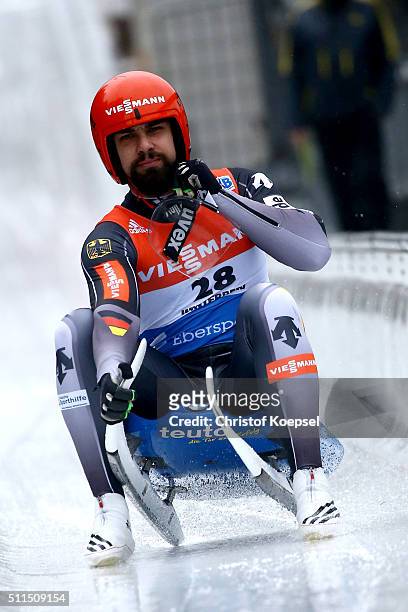 Andi Langenhan of Germany competes during heat two of the Men's event of the Viessmann Luge World Cup Day 2 at Veltins Eis-Arena on February 20, 2016...