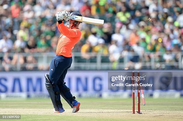 Jason Roy of England is bowled by Kagiso Rabada of South Africa during the 2nd KFC T20 International match between South Africa and England at...