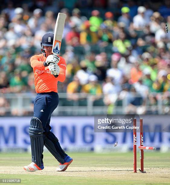 Jason Roy of England is bowled by Kagiso Rabada of South Africa during the 2nd KFC T20 International match between South Africa and England at...