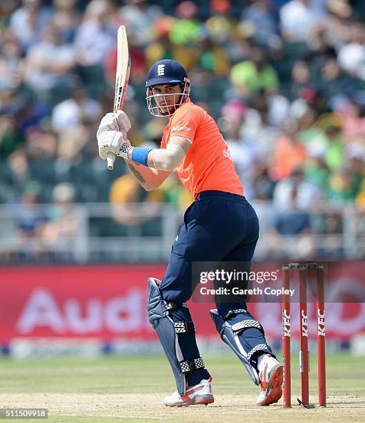 Alex Hales of England bats during the 2nd KFC T20 International match between South Africa and England at Bidvest Wanderers Stadium on February 21,...