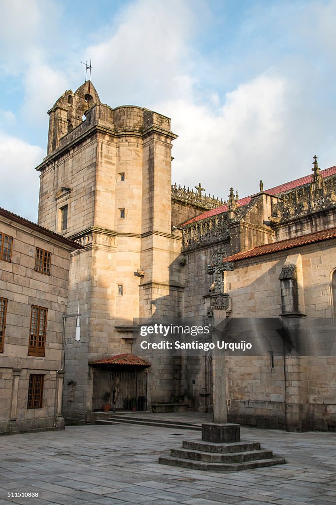 Santa María church and town square with granite cross