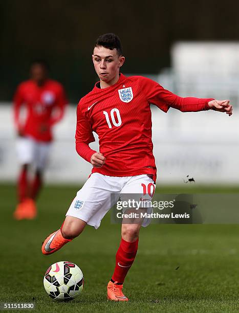 Phil Foden of England in action during the U16s International Friendly match between England U16 and Italy U16 at St Georges Park on February 21,...