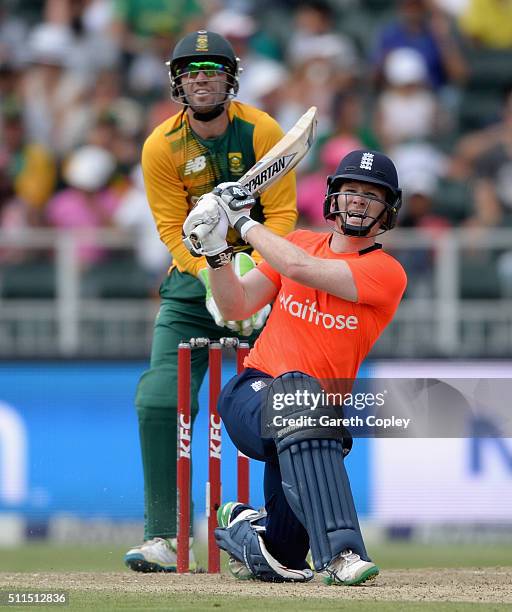 England captain Eoin Morgan hits out for six runs during the 2nd KFC T20 International match between South Africa and England at Bidvest Wanderers...