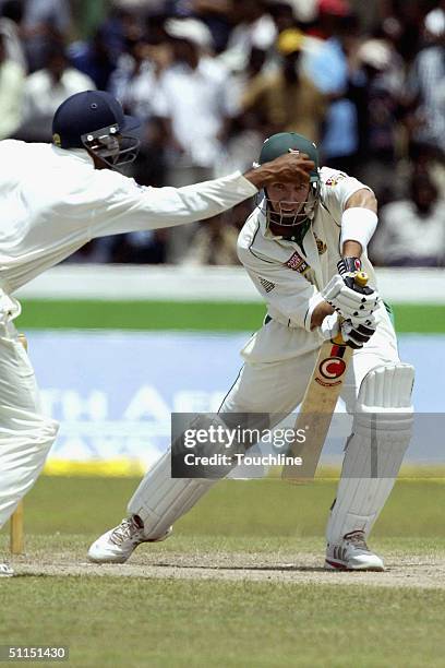 Martin van Jaarsveld defends during the fifth day of the first Test match between Sri Lanka and South Africa on August 8, 2004 at the International...