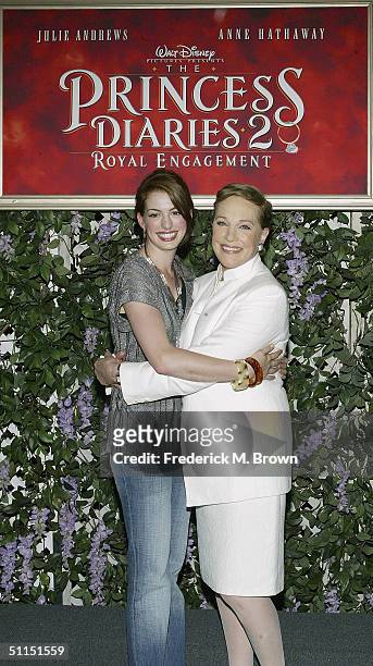 Actors Anne Hathaway and Julie Andrews attend the film premiere of "The Princess Diaries 2: Royal Engagement" at Disneyland on August 7, 2004 in...