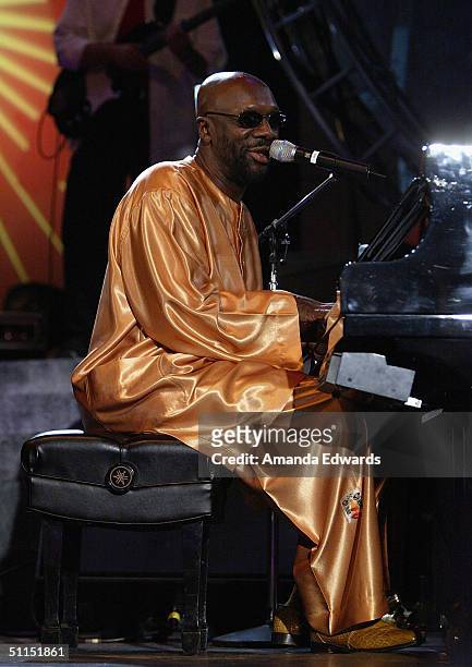 Musician Isaac Hayes performs at the Church of Scientology Celebrity Centre 35th Anniversary Gala on August 7, 2004 at the Church of Scientology...