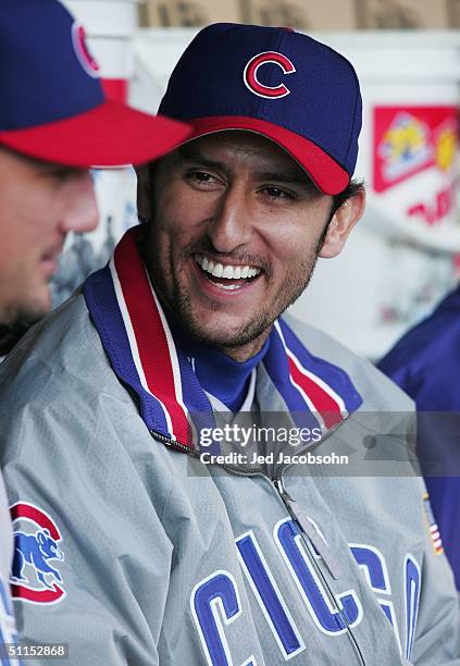 Nomar Garciaparra of the Chicago Cubs sits in the dugout against the San Francisco Giants at SBC Park on August 8, 2004 in San Francisco, California.