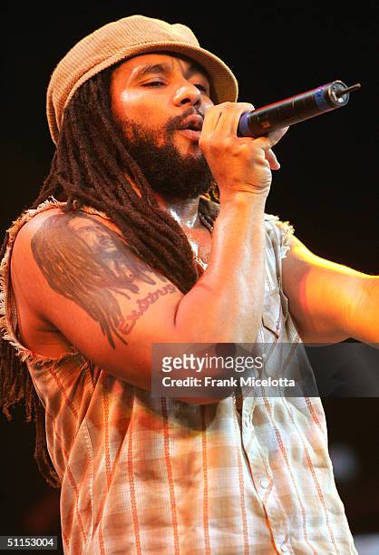 Kymani Marley, son of Bob Marley, performs onstage at the "Roots, Rock, Reggae Tour 2004" at the Filene Center August 8, 2004 in Vienna, Virginia