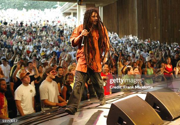 Damian Marley, son of Bob Marley, performs onstage at the "Roots, Rock, Reggae Tour 2004" at the Filene Center August 8, 2004 in Vienna, Virginia