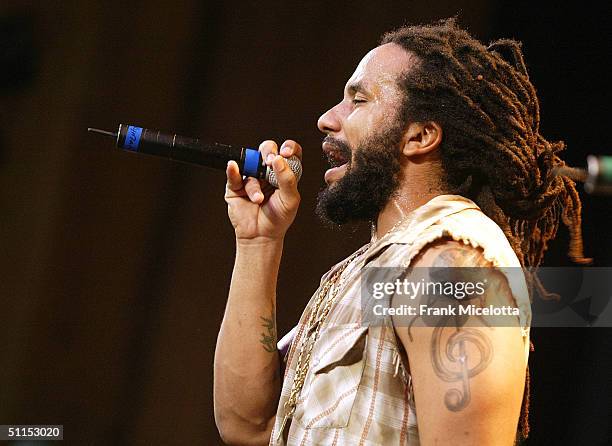 Kymani Marley, son of Bob Marley, performs onstage at the "Roots, Rock, Reggae Tour 2004" at the Filene Center August 8, 2004 in Vienna, Virginia