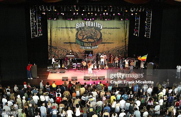 The Marley brothers perform onstage at the "Roots, Rock, Reggae Tour 2004" at the Filene Center August 8, 2004 in Vienna, Virginia