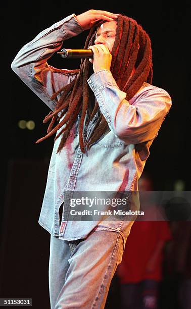 Julian Marley, son of Bob Marley, performs onstage at the "Roots, Rock, Reggae Tour 2004" at the Filene Center August 8, 2004 in Vienna, Virginia