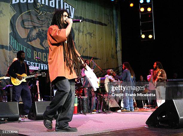 Damian Marley, son of Bob Marley, performs onstage at the "Roots, Rock, Reggae Tour 2004" at the Filene Center August 8, 2004 in Vienna, Virginia