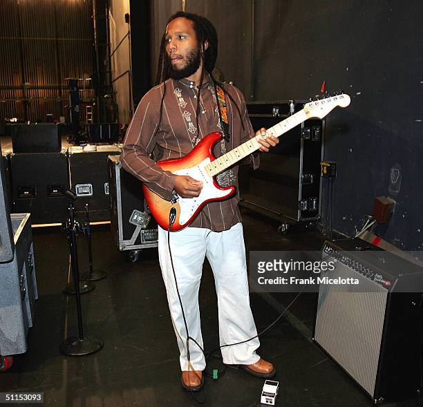 Ziggy Marley, son of Bob Marley rehearse backstage before his performance at the "Roots, Rock, Reggae Tour 2004" at the Filene Center August 8, 2004...