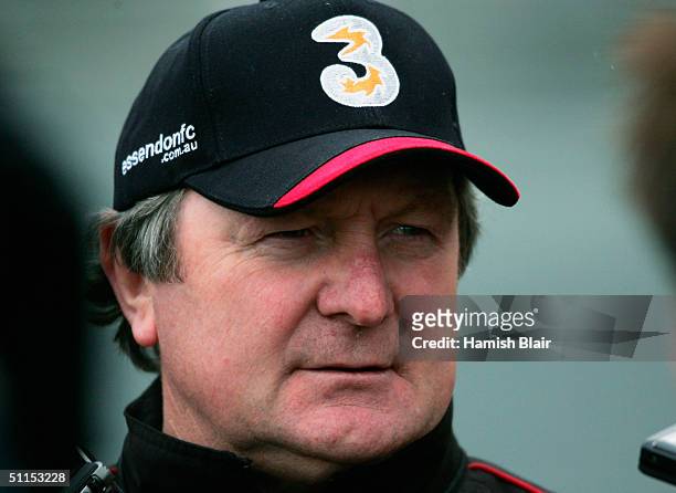 Kevin Sheedy, coach of Essendon, speaks to the media before training at Windy Hill on August 9, 2004 in Melbourne, Australia.