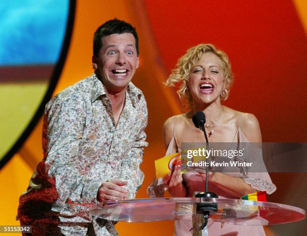 Actor Sean Hayes and actress Brittany Murphy speak on stage at The 2004 Teen Choice Awards held on August 8, 2004 at Universal Amphitheater, in...