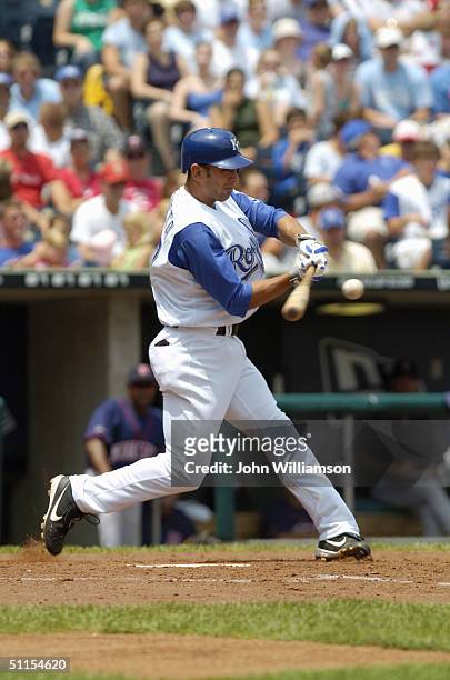 Jose Bautista of the Kansas City Royals bats during the MLB game against the Minnesota Twins at Kauffman Stadium on July 17, 2004 in Kansas City,...