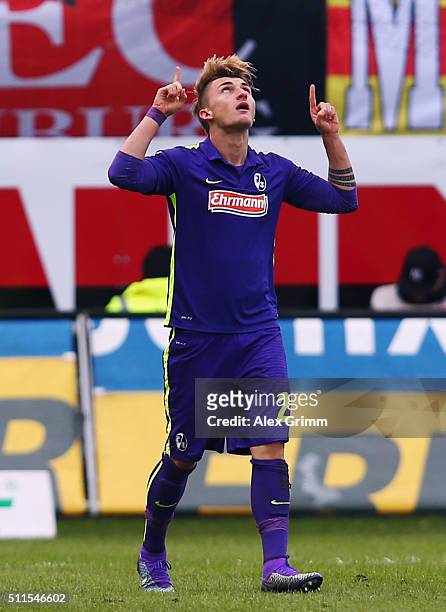 Maximilian Philipp of Freiburg celebrates his team's first goal during the Second Bundesliga match between SV Sandhausen and SC Freiburg at...