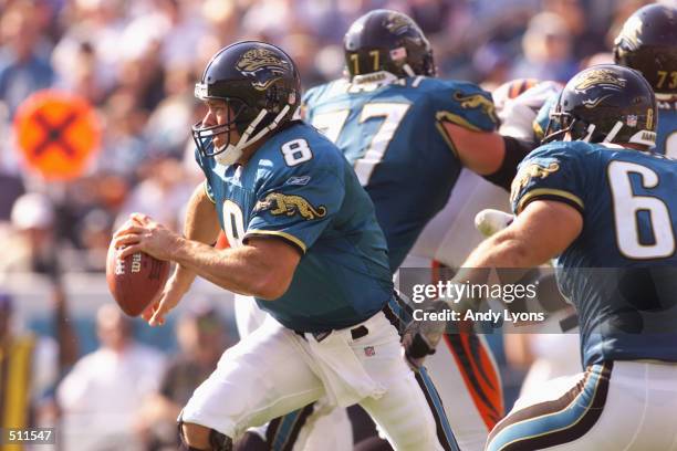 Quarterback Mark Brunell of the Jacksonville Jaguars heads downfield against the Cincinnati Bengals during the game at Alltell Stadium in...