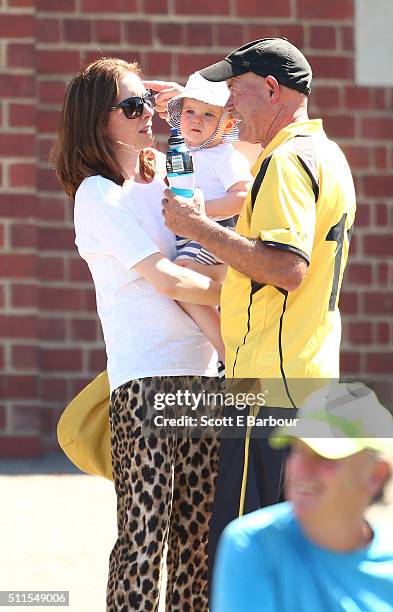 Gary Sweet and his 32 year-old girlfriend Nadia Dyall with their baby son Frederic George during the Medibank Melbourne Celebrity Twenty20 match at...
