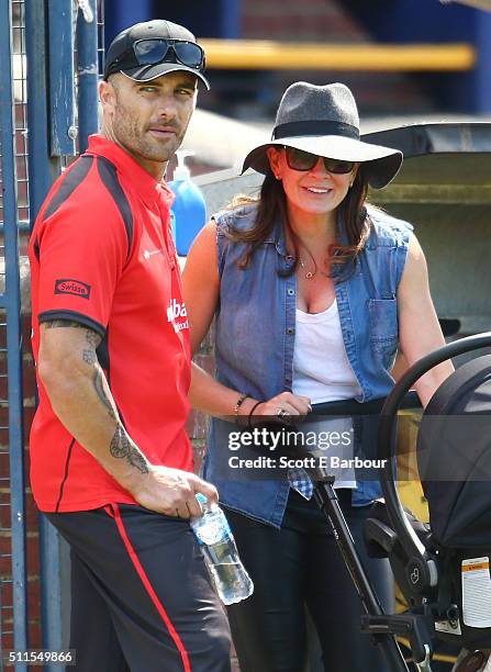 Michelle Bridges with her baby Axel in his pram talks with Steve Willis, also known as The Commando during the Medibank Melbourne Celebrity Twenty20...