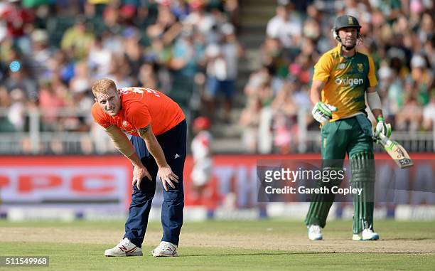 Ben Stokes of England reacts after bowling to South Africa captain AB de Villiers during the 2nd KFC T20 International match between South Africa and...