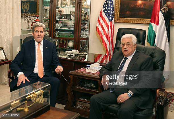 Palestinian President Mahmoud Abbas meets with US Secretary of State John Kerry February 21, 2016 in Amman Jordan. Kerry arrived in Amman on...