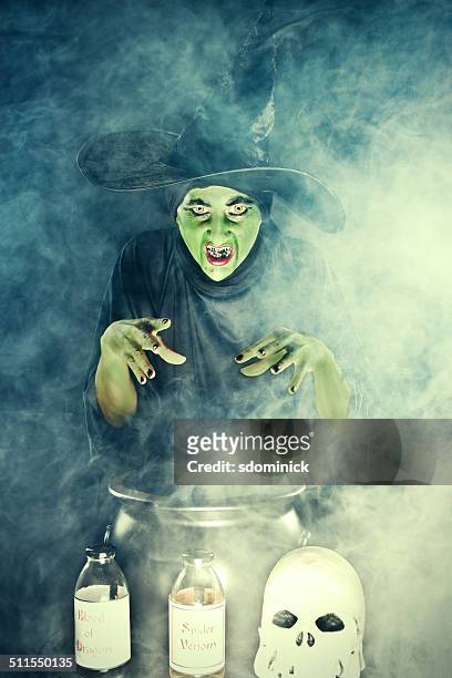 wicked witch casting spell over cauldron - ugly witches stockfoto's en -beelden