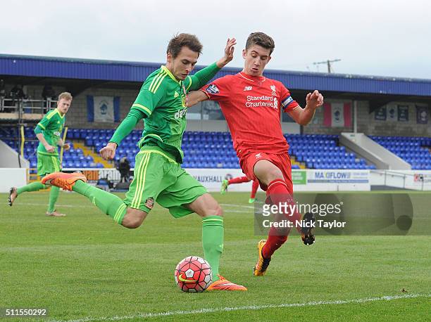 Cameron Brannagan of Liverpool and Carl Lawson of Sunderland in action during the Liverpool v Sunderland Barclays U21 Premier League game at the...