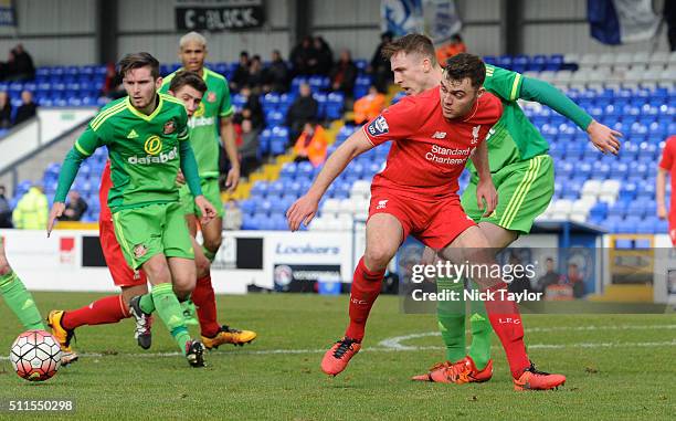 Connor Randall of Liverpool and Thomas Beadling of Sunderland in action during the Liverpool v Sunderland Barclays U21 Premier League game at the...