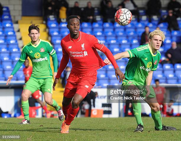 Divock Origi of Liverpool and George Brady of Sunderland in action during the Liverpool v Sunderland Barclays U21 Premier League game at the Lookers...