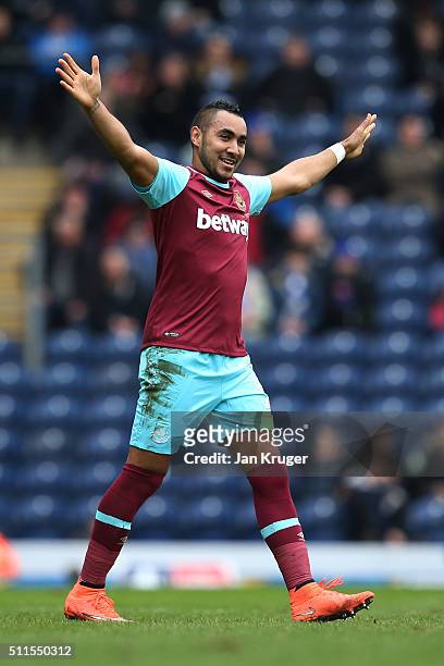 Dimitri Payetof West Ham United celebrates after scoring his team's second goal from a free kick during The Emirates FA Cup fifth round match between...