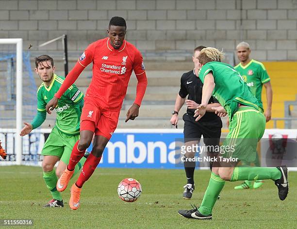 Divock Origi of Liverpool and George Brady of Sunderland in action during the Liverpool v Sunderland Barclays U21 Premier League game at the Lookers...