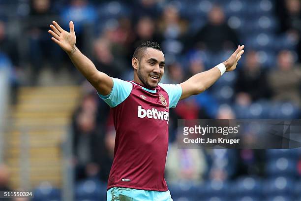 Dimitri Payetof West Ham United celebrates after scoring his team's second goal from a free kick during The Emirates FA Cup fifth round match between...