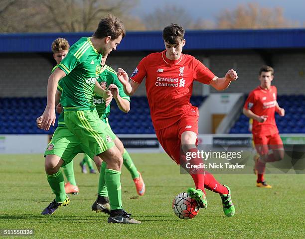 Sam Hart of Liverpool and Joshua Robson of Sunderland in action during the Liverpool v Sunderland Barclays U21 Premier League game at the Lookers...