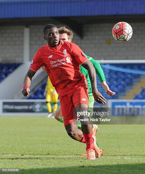 Sheyi Ojo of Liverpool and Carl Lawson of Sunderland in action during the Liverpool v Sunderland Barclays U21 Premier League game at the Lookers...