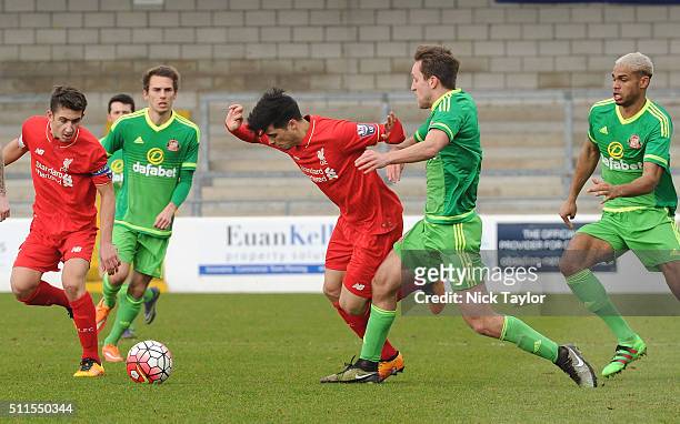 Joao Teixeira of Liverpool and Joshua Robson of Sunderland in action during the Liverpool v Sunderland Barclays U21 Premier League game at the...