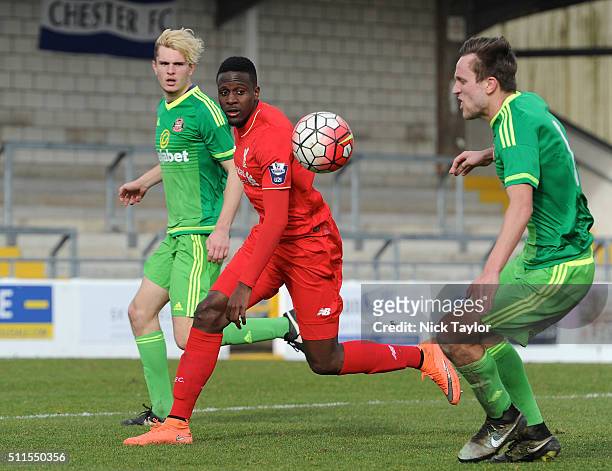 Divock Origi of Liverpool and Joshua Robson of Sunderland in action during the Liverpool v Sunderland Barclays U21 Premier League game at the Lookers...