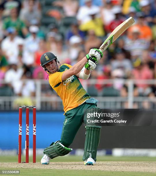 De Villiers of South Africa hits out for six runs during the 2nd KFC T20 International match between South Africa and England at Bidvest Wanderers...