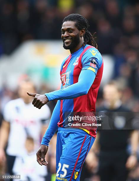 Emmanuel Adebayor of Crystal Palace looks on prior to the Emirates FA Cup Fifth Round match between Tottenham Hotspur and Crystal Palace at White...