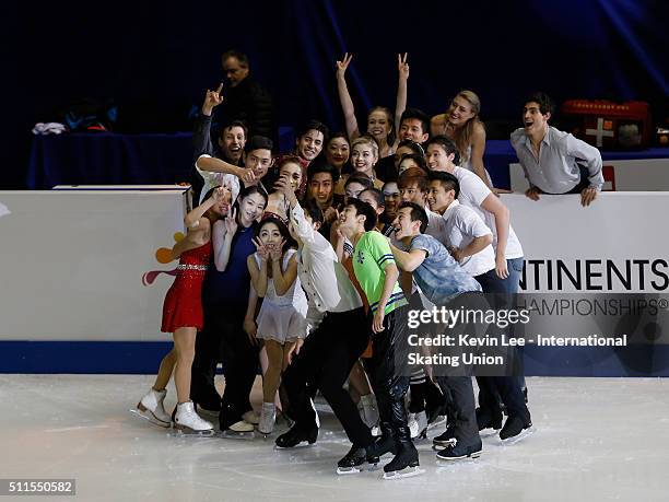 Skaters take a selfie after the Gala Exhibition on day four of the ISU Four Continents Figure Skating Championships 2016 at Taipei Arena on February...
