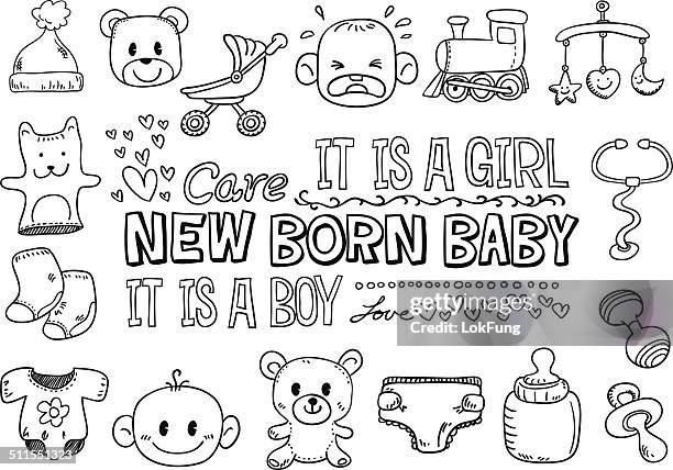 baby goods mit text in schwarz und weiß-illustrationen - baby stroller stock-grafiken, -clipart, -cartoons und -symbole