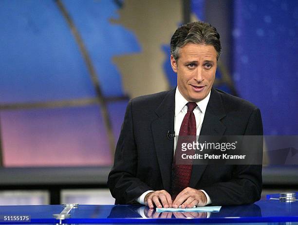 Host Jon Stewart is seen on Comedy Centrals "The Daily Show" August 9, 2004 in New York City.